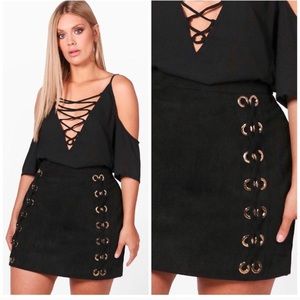 NWT Bohoo black faux suede grommet lace up skirt